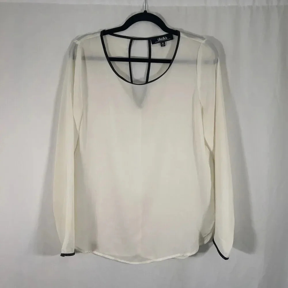 Lulu's Blouse Women's Medium White Semi Sheer Long Sleeve Round Neck Lightweight